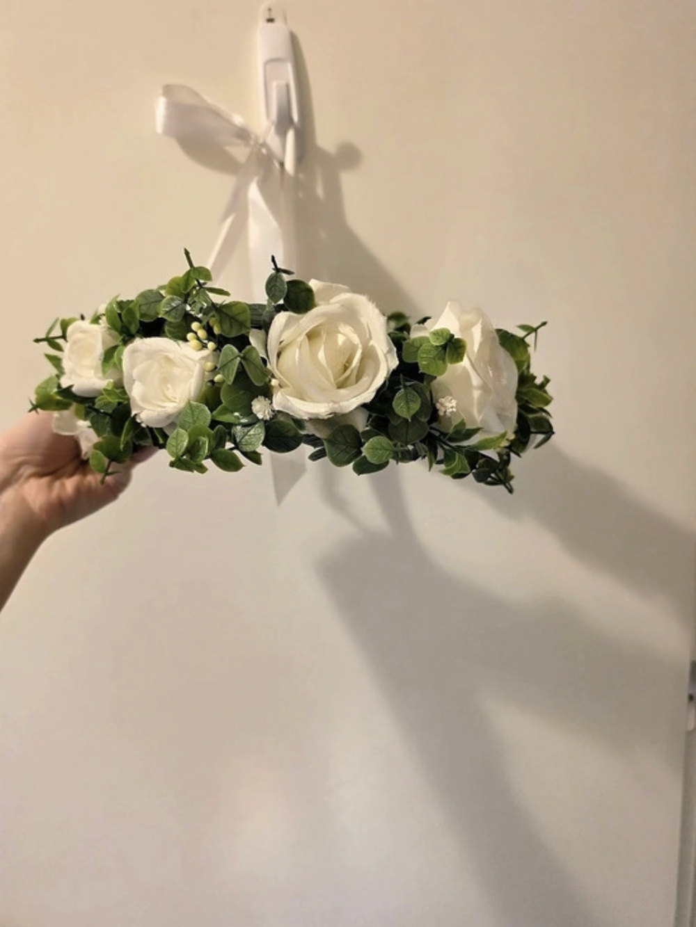 White rose and green leaf floral crown with ribbon #floral #crown